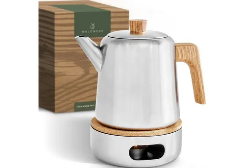 WALDWERK Teekanne mit Stövchen 1,1L - Edle Edelstahl-Teekanne mit Eichenholzgriffen - Teekocher mit 100% tropffreiem Ausguss und herausnehmbarem Siebeinsatz aus robustem 304 Edelstahl. Genießen Sie perfekten Tee mit echtem Holzdesign!