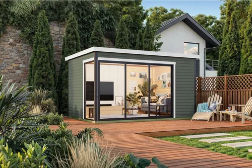 Gartenhaus Outdoor Life Austin 6 mit Fußboden 439,6 x 319,6 cm graugrün - Das stilvolle Blockbohlenhaus Austin 6 bietet 10,23 m² Raum für Homeoffice, Hobby oder Wellness. Große Glasflächen sorgen für viel Licht, während die stabilen Fußbodenbretter Komfort garantieren.