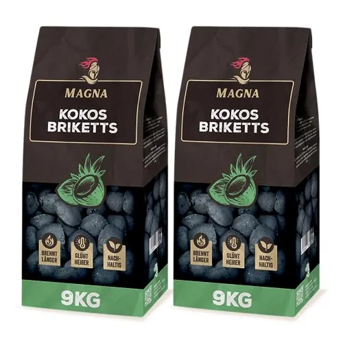 Magna Premium Kokosbriketts 18 KG - Briketts für Holzkohle-Grill, Smoker & Dutch Oven – brennen 3x länger und heißer, raucharm und umweltfreundlich aus 100% Kokosnussschalen.