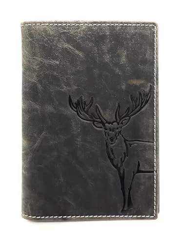 Leder Passhülle Etui Jockey Club Hirsch - Ausweishüllen: Graue Reisedokumententasche mit Sichtfenster für einfache Handhabung und stilvolle Aufbewahrung von Jagdscheinen.