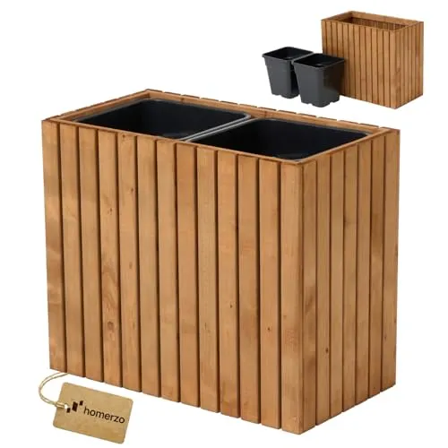 HOMERZO Pflanzkübel Holz – imprägniert wetterfest – mit herausnehmbarem Kunststoffeinsatz – Hochbeet Blumenkasten für Balkon Garten Terrasse (Vertikal-braun 67x36 H55 cm)