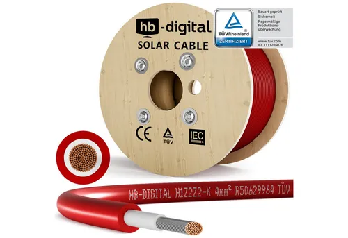 HB-DIGITAL Solarleitung H1Z2Z2-K 4mm² - TÜV-zertifiziertes PV Kabel - Hochwertiges Photovoltaik Solarkabel mit hervorragenden elektrischen Eigenschaften. Ideal für den professionellen Einsatz, flexibel und UV-beständig, für eine zuverlässige Energieübertragung.