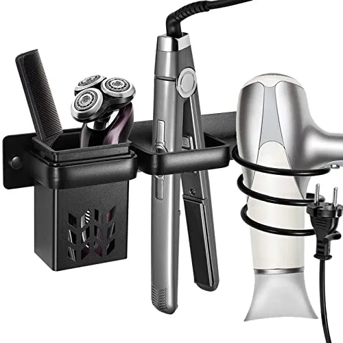 Föhnhalter Wand Ohne Bohren - 3-in-1 Halterung für Haartrockner und Glätteisen - Haartrocknerhalter mit Kabelhalterung, aus hochwertigem Aluminium, korrosionsbeständig und ideal für kleine Bäder, Hotels oder Friseursalons.
