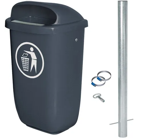 BRB-Lagertechnik Mülleimer Komplettset mit Rohrpfosten 50L - Haushaltszubehör mit robustem, wetterfestem und UV-stabilisiertem Abfall-Behälter für Außenbereiche. Ideal für Schulen und öffentliche Einrichtungen, einfache Entleerung und flexible Montage.