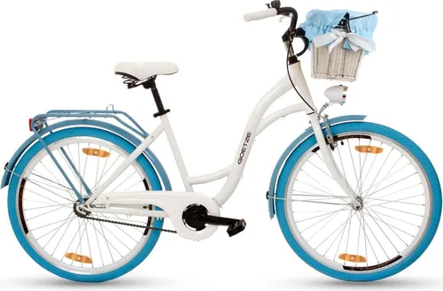 Goetze Style 26 Zoll City Bike, 43 cm Tiefeinsteiger, 1-Gang mit Rücktrittbremse hinten & V-Bremse vorne, LED-Beleuchtung, Rattankorb mit Bezug