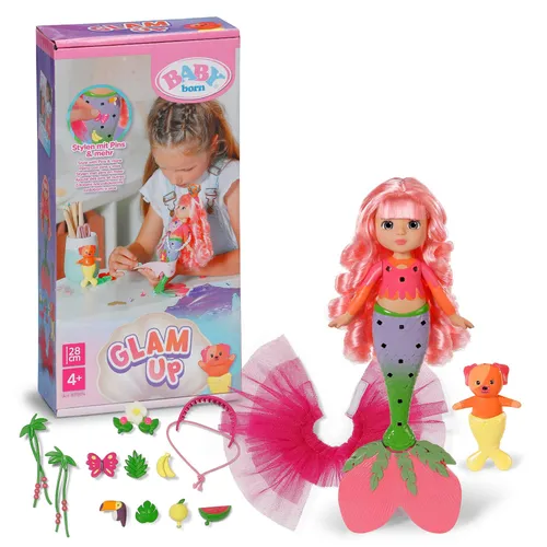 Baby Born Glam Up Sunshine Meerjungfrau mit UV-Farbeffekt - Entdecke die zauberhafte Meerjungfrau mit langen rosa Haaren, die im Sonnenlicht ihre Farbe ändern! Mit Stoff-Accessoires, bunten Pins und einem süßen Tier-Freund für kreativen Styling-Spaß. Perfekt für Kinder ab 3 Jahren.