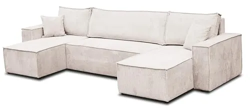 Venasi Möbel Wohnlandschaft HUGO, Beige, U-Form - Moderne U-Form Wohnlandschaft aus hochwertigem Cordstoff - Ideal für kleine Räume mit Schlaffunktion und integriertem Stauraum.