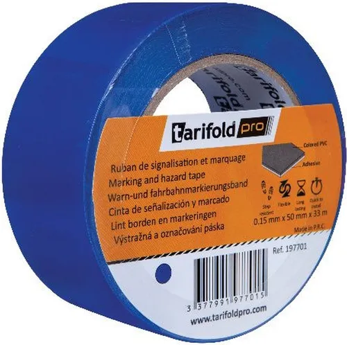 Tarifold Kettenschloss Bodenmarkierungsband 50mmx33m blau (24 Stück) - Hochwertiges Fußbodenklebeband aus strapazierfähigem Vinyl, ideal für Innenräume. Perfekt für intensive Nutzung durch Fußgänger und Transportgeräte, einfach mit Handabrollgerät zu verarbeiten.