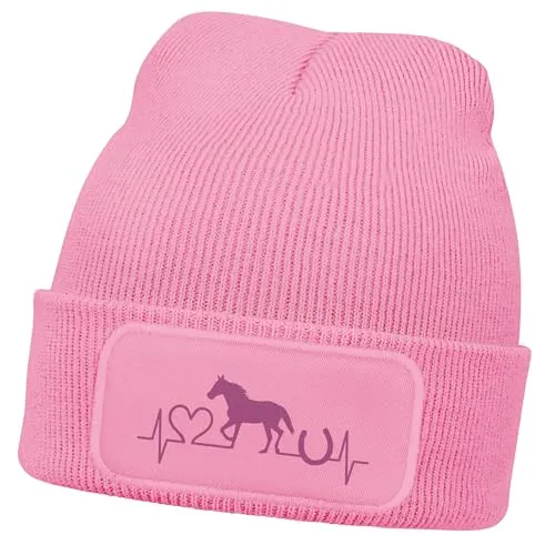 MoonWorks® Wintermütze Kinder Beanie für Mädchen Reiten Herzschlag Pferd mit Patch Aufdruck Print Strickmütze Rosa-pink Unisize