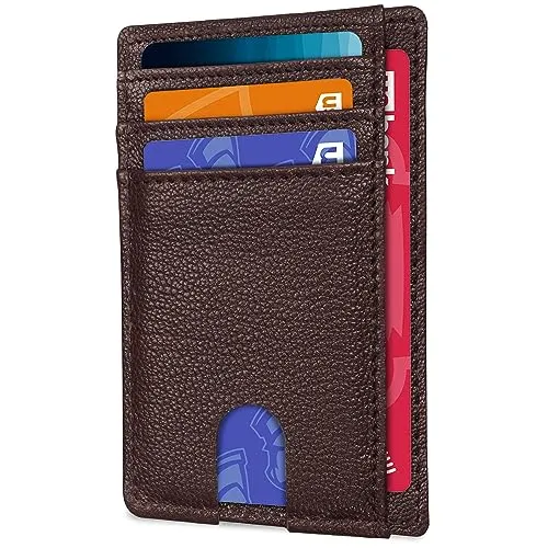 AMEHA Minimalistische schlanke Geldbörse für Herren, Vordertasche, echtes Leder, RFID-blockierend, Visitenkartenetui mit Ausweisfenster, kaffeebraun, Minimalistisch
