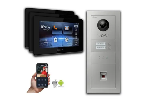 Goliath Intercom Video-Türsprechanlage mit Fingerprint und 3 Monitoren - Moderne 2-Draht BUS Video-Türsprechanlage für Mehrfamilienhäuser. Mit Fingerprint, 3 Monitoren und klarer HD-Bildqualität bietet sie Sicherheit und Benutzerfreundlichkeit für Ihr Zuhause oder Unternehmen.