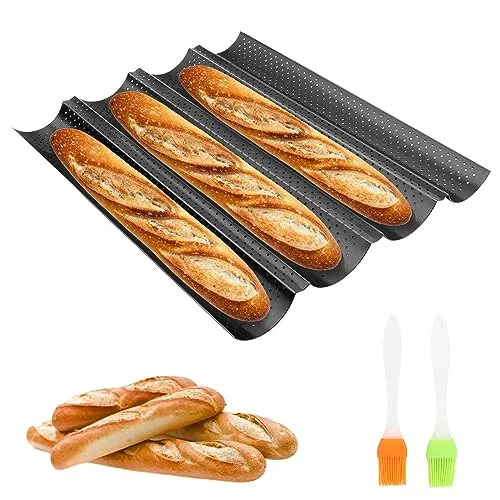 MXTIMWAN Baguette Backform, Backblech für Baguette Backform für 4 Baguettes, Baguetteform Baguette-Backblech mit Antihaftbeschichtung, BackformGelocht Baguetteblech Brötchen mit 4 Mulden