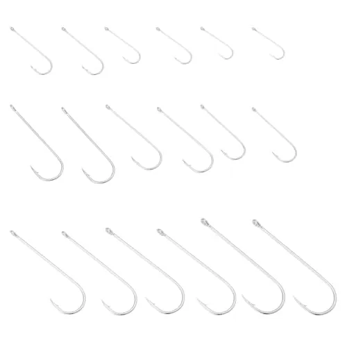 EMSea Angelhaken Nr. 1-#3/0, Hartstahl, langer Schaft, Haken für Hecht, Dorsch, Barsch, Seelachs, Conger Tope, Meeresangeln, Haken mit Kreis, Silber, 90 Stück