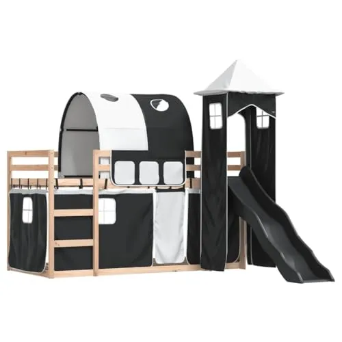 vidaXL Etagenbett mit Rutsche und Gardinen in Weiß und Schwarz 90x200 cm - Klassisches Etagenbett aus massiven Kiefernholz mit Rutsche, ideal für Kinder ab 6 Jahren. Verwandelt das Kinderzimmer in einen Spielplatz und bietet einen sicheren Schlafplatz dank Rausfallschutz.