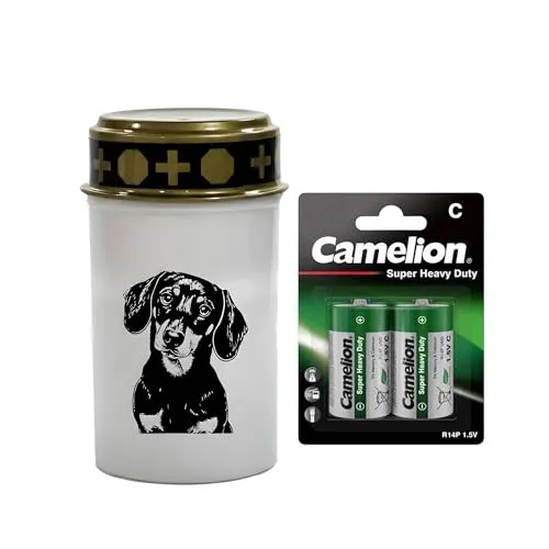 Fachhandel Plus LED Grablicht Hund mit Batterien – Grabkerze LED, wetterfeste Grableuchte Ewiges Licht mit Hundemotiv, warm flackerndes Gedenklicht für Tiergrab & Gedenkstätte (Weiß, Dackel)