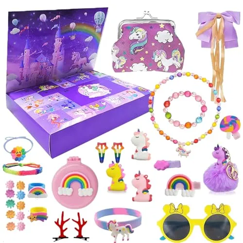 Ligtmor Einhorn Adventskalender 2024 Kinder Mädchen, Weihnachtskalender 2024 Mädchen, Countdown zum 24. Tag des Adventskalender Mädchen Geschenk beinhaltet Einhorn Schmuck Armband Charms Haarschmuck