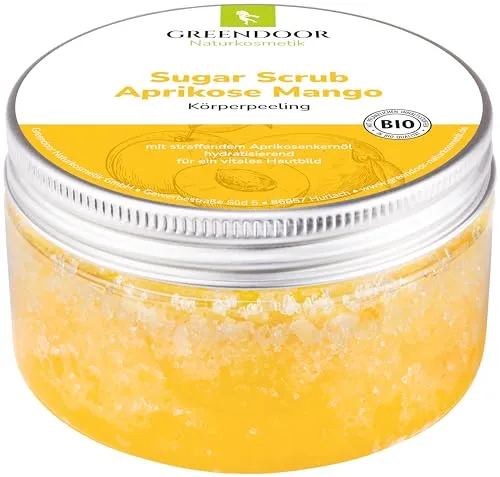 GREENDOOR Körperpeeling Sugar Scrub Aprikose Mango mit Provitamin A 230g, sanftes Zucker-Peeling ohne Farbstoffe Mikroplastik, Duschpeeling aus der Naturkosmetik Manufaktur, Body Scrub, Sauna-Zucker