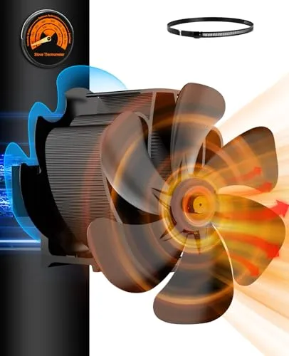 SEMAI Kaminventilator Magnetisch, Ofenventilator Ohne Strom mit 6 Blättern, Leiser Kamin Ventilator Kaminlüfter für Holz/Brennholz/Feuerstelle/Ofenrohr Mit Thermometer und 1pcs Ersatzteil Ring