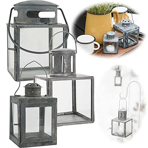 LS-LebenStil Mini Metall Teelicht Grau 11cm Windlicht Garten-Laterne Kerzenhalter Henkel Teelichthalter für Teelicht kleine Stumpenkerze Gartenlaterne zum Hängen Deko