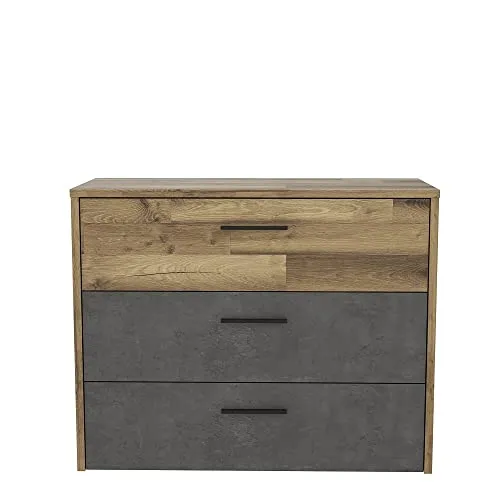 FORTE Ricciano Kommode mit 3 Schubladen - Buffets in Stabeiche und Betonoptik, mit drei stabilen Schubladen und eleganten Metallgriffen – ideal für stilvolle und praktische Aufbewahrung.