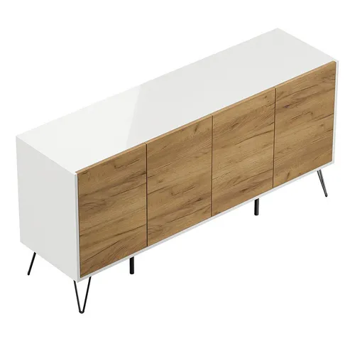 Lomadox Sideboard INDIANAPOLIS-02, 155cm breit, weiß Hochglanz mit Eichee, grifflos