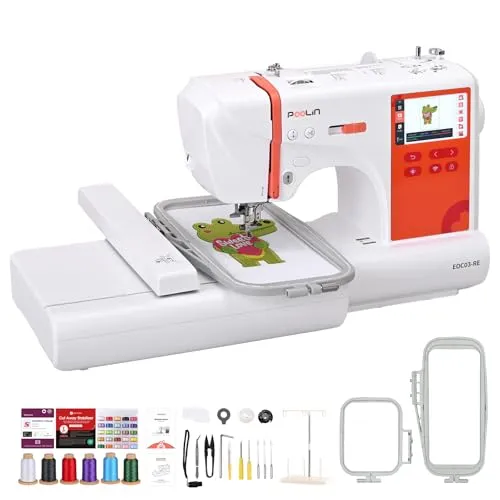 PooLin EOC03 Stickmaschine – Elektronisches Stickgerät – 4,3″ LCD-Touchscreen, Stickrahmen 10×10 cm und 10×23,5 cm, Musterimport per USB/WLAN, ideal für Anfänger und Fortgeschrittene.