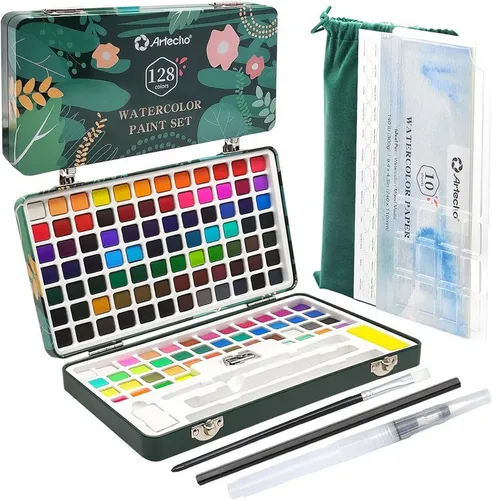 Artecho Aquarellfarbe Set – 24/50/100/128/168 Wasserfarben mit Aquarellpapieren & Pinseln, - egal ob unterwegs, Zuhause, in der Schule - für Anfänger und Profis