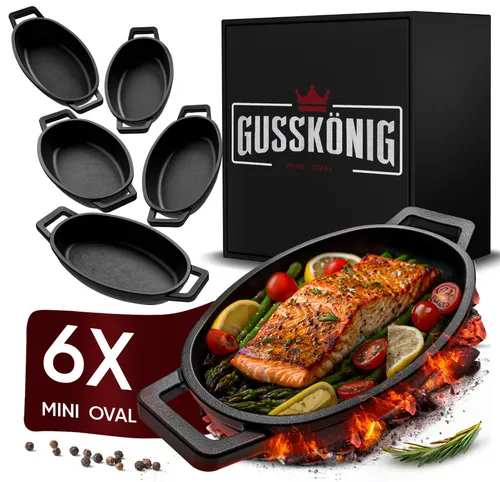 GUSSKÖNIG Mini Servierpfannen Set – 6 ovale Gusseisen-Pfännchen - Bratpfannen