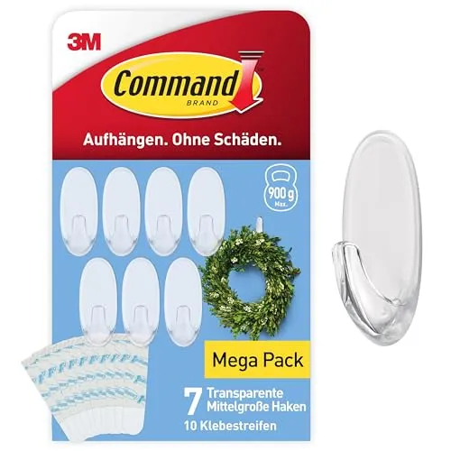 Command Klebehaken Transparent, Weiß - Packung mit 7 Haken selbstklebend und 10 Mittelgroße Klebestreifen, Strips - Haken für Wand, Türhaken, Organisieren ohne Bohren - Hält 900g