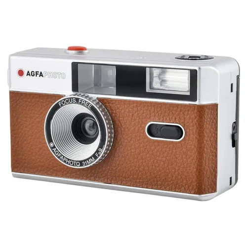 AgfaPhoto analoge 35mm Kleinbildkamera in Braun - Wiederverwendbare Kamera mit eingebautem Blitz, ideal für kreative Farb- und Schwarzweißaufnahmen