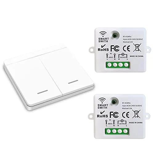 DieseRC Funk-Lichtschalter 10A - Elektrotechnik Lichtschalter, kabellose Installation für Lampen bis 1500W, einfache Bedienung und hohe Empfangsempfindlichkeit bis 50m.