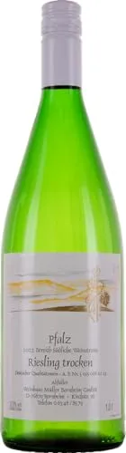 Weinhaus Müller Bornheim 1 L Flasche Pfälzer Riesling trocken 2023 - Qualitäts-Weißwein trocken aus der Pfalz - weißer Qualitätswein trocken, Anzahl:1 Flasche