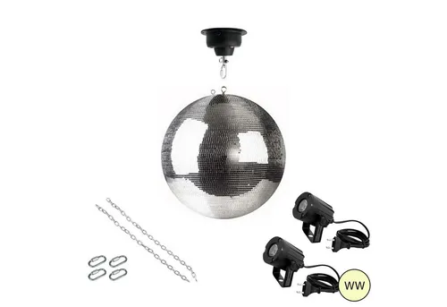SATISFIRE Discolicht Spiegelkugel Komplettset 40cm mit Motor, 2 x LED Pinspot (warmweiss)