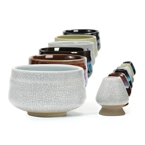 TEANAGOO Matcha Schüssel & Schneebesenhalter, Chasen-Halter, MB-5, 510 ML, Matt-Elfenbeinweiß mit schwarzer Naht, Matcha-Schüsseln,