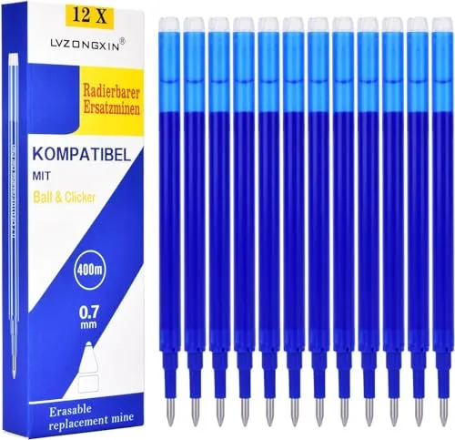 LVZONGXIN Blau Radierbare Ersatzminen, Kompatibel mit Frixion & Eberhard Faber animal erase it, 0,7mm [12er Set], Thermosensible Tinte, 400m Schreiblänge (Blau)