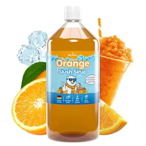 Belissia Slush Eis Sirup 1000ml Konzentrat | Orange Geschmack | sehr ergiebig in knalligen Farben (1:5) für bis zu 6 Liter | Glycerin frei – für Slush-Eis
