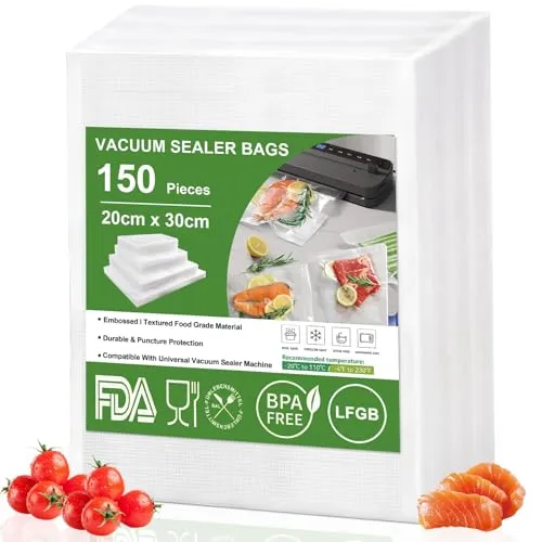 Omtofo 150 Beutel Vakuumierbeutel 20x30cm, Geprägt, BPA-frei, Reißfest, Vakumierergerät Beutel für allen Heim-Vakuumierern, Profi Vakuumbeutel Lebensmittel Sous Vide Gefrierbeutel