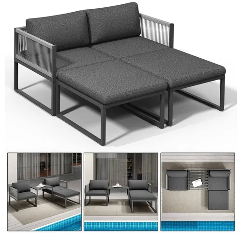 Melko Sitzgruppe Möbelset Aluminium Balkon Set - Wetterfestes 4-teiliges Gartenmöbel-Set mit höhenverstellbaren Füßen. Ideal für Balkon und Garten, vielseitig einsetzbar als Tisch oder Liege.