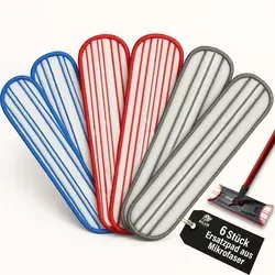 6x Premium Mikrofaser Wischpads Ersatzbezüge für H2Pro Bodenwischer – Extra Hochwertig, Waschbar, Extrem Langlebig, Schonend & Geeignet für al... - Rot/Blau/Grau