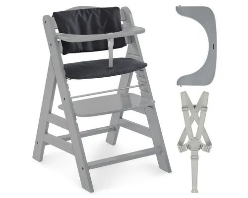Hauck Hochstuhl Alpha Plus Grey, Mitwachsender Holz Kinderhochstuhl ab 6 Monaten mit Sitzauflage & Gurt