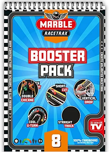 Marble Racetrax 869195 - Murmel Mania Rennbahn Zubehör Set 8 teilig, Kugelbahn Erweiterung mit 4 Stunts, Murmelbahn Bastelset, Bauset aus FSC Karton, Konstruktionsset für Kinder ab 7 Jahre