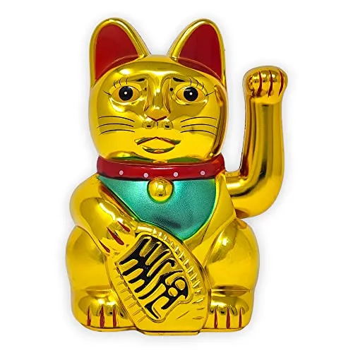 Starlet24® Winkende Glückskatze Winkekatze Lucky Cat Maneki-Neko Winkende Japanische Maneki-Neko batteriebetrieben (Gold Glänzend, 15cm)