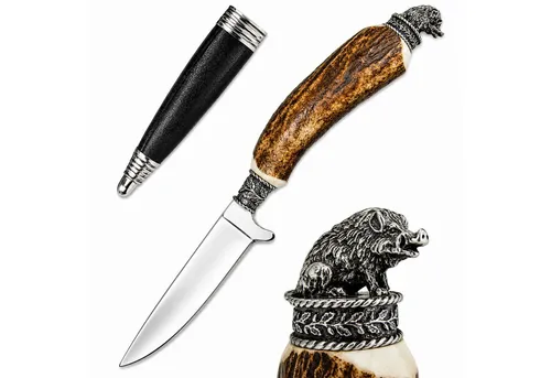 Funk Hirschhorn Trachtenmesser mit Zierfigur - Wildschwein - Handgefertigtes Unikat - Hochwertiges Trachtenmesser mit einzigartigem Hirschhorngriff und rostfreier, polierter Klinge. Inklusive edler Zierfigur und stabiler Lederscheide für sicheren Transport. Ideal für Trachtenliebhaber und Jäger.