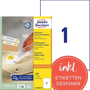 Zweckform L4735 Avery Etiketten 210 x 297mm - Etiketten auf A4-Bogen, selbstklebend und bedruckbar. Ideal für Kopierer und Drucker, ablösbar und umweltfreundlich aus recycelbaren Materialien.