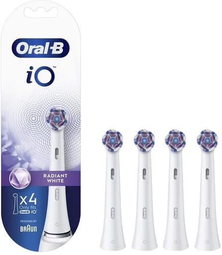 Oral-B iO Radiant White Aufsteckbürsten 4er - Elektrische Zahnbürsten mit speziell entwickelten Poliereinsätzen für sanfte Entfernung von Oberflächenverfärbungen und weißere Zähne ab dem ersten Tag.
