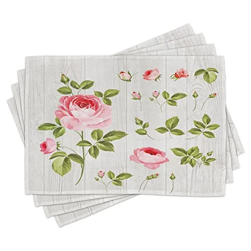 ABAKUHAUS Blumen Platzmatten, Vintage Rose Blütenblätter Blatt, Waschbare Stoff Esszimmer Küche Tischdekorations Digitaldruck, Grün Rosa