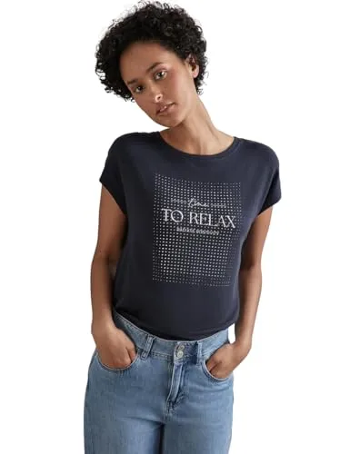 STREET ONE Damen A322124 T-Shirt mit Artwork, Night Sky Blue, Größe 36 - Stylishes Kurzarm T-Shirt für Damen mit Rundhalsausschnitt und schimmerndem Strass-Muster, ideal für modische Outfits.