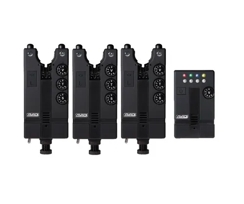 MAD Hi-T Bite Alarm Funkbissanzeigerset 3+1 - Bissanzeiger Set für Karpfenangeln mit Empfängereinheit und LED Licht, inklusive Tragetasche – ideal für erfolgreiche Angelausflüge.