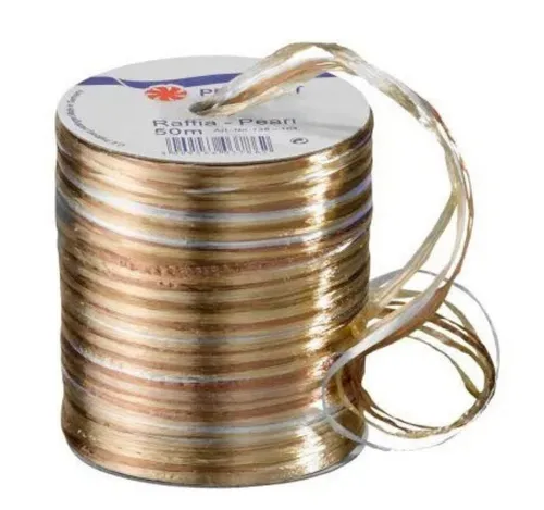 PRÄSENT Geschenkband PRÄSENT Pearl Geschenkband Raffia glänzend braun/beige/gold, 5 Bänder – 1 Spule, edler Glanz
