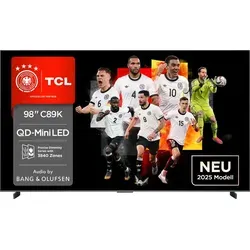 TCL 98C89K QLED Mini LED-Fernseher 98 Zoll - Erleben Sie 4K Ultra HD Bildqualität auf einem beeindruckenden 98 Zoll Bildschirm. Ideal für Unterhaltung in großem Stil, bringt dieser Fernseher Farbe und Klarheit in Ihr Zuhause.